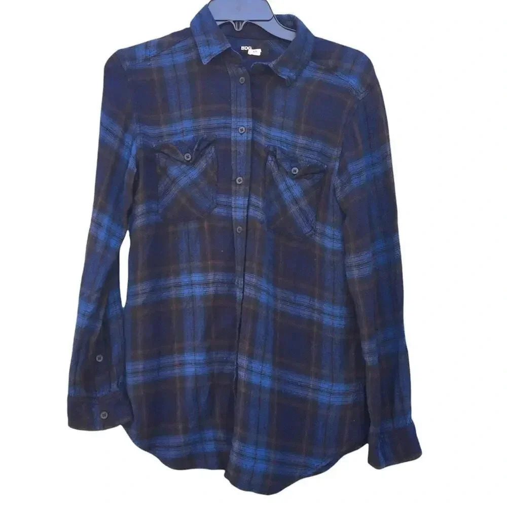 Urban Outfitters BDG Blue Plaid Button Down Long Sleeve Top Size XS